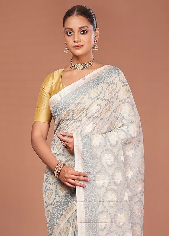 Cream Kora Silk Saree With Blouse Piece One Size