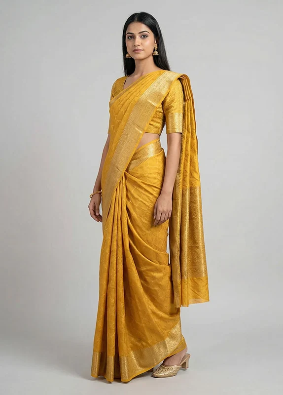 Yellow Dupion Silk Saree With Blouse Piece One Size