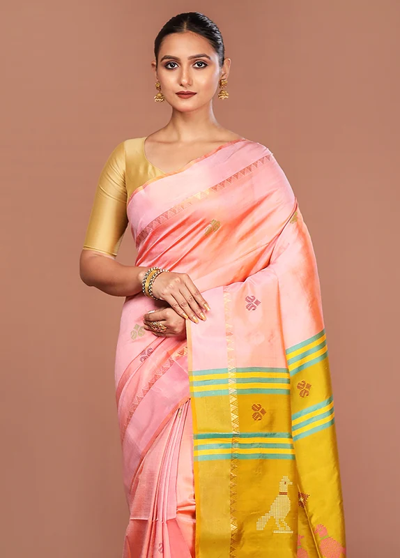 Peach Handloom Kalakshetra Pure Silk Saree With Blouse Piece Onesize