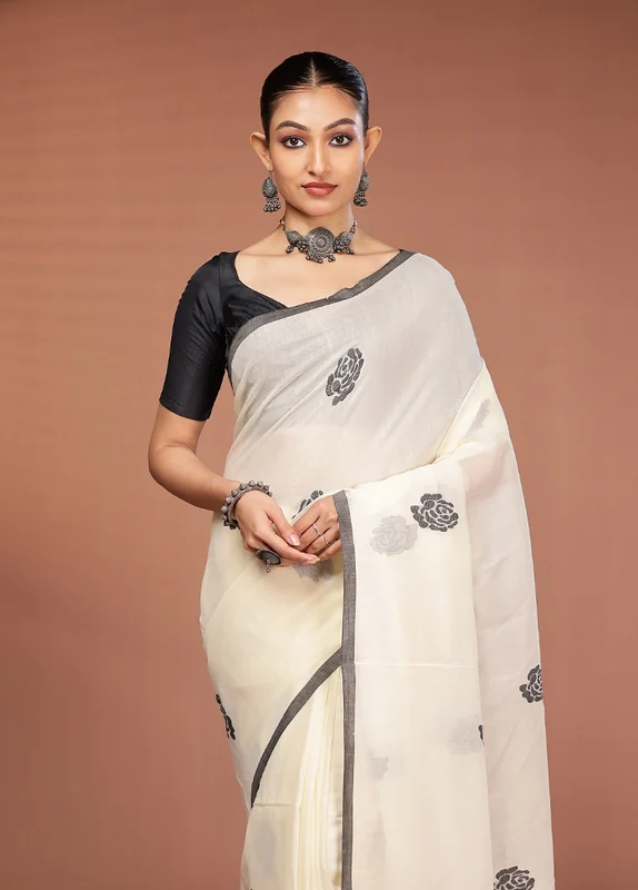 Cream Matka Silk Saree With Blouse Piece One Size