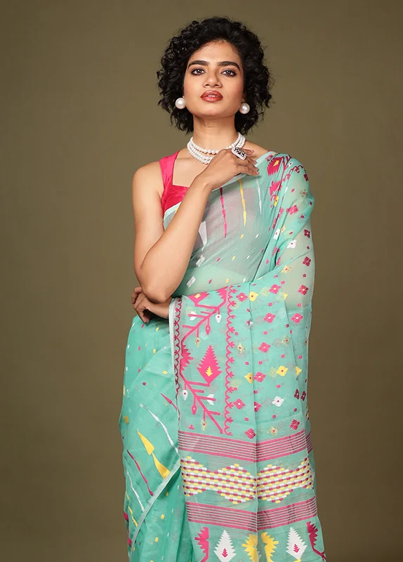 Green Tant Jamdani Saree Without Blouse Piece One Size