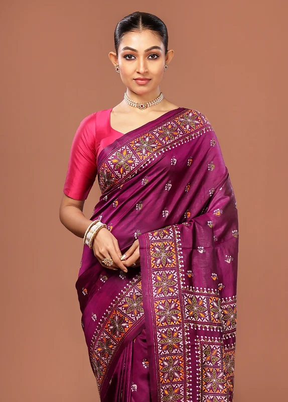 Purple Kantha Stitch Pure Silk Saree With Blouse Piece One Size