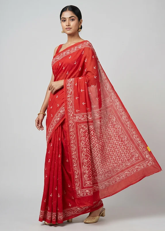 Red Handloom Kantha Stitch Pure Silk Saree With Blouse Piece One Size