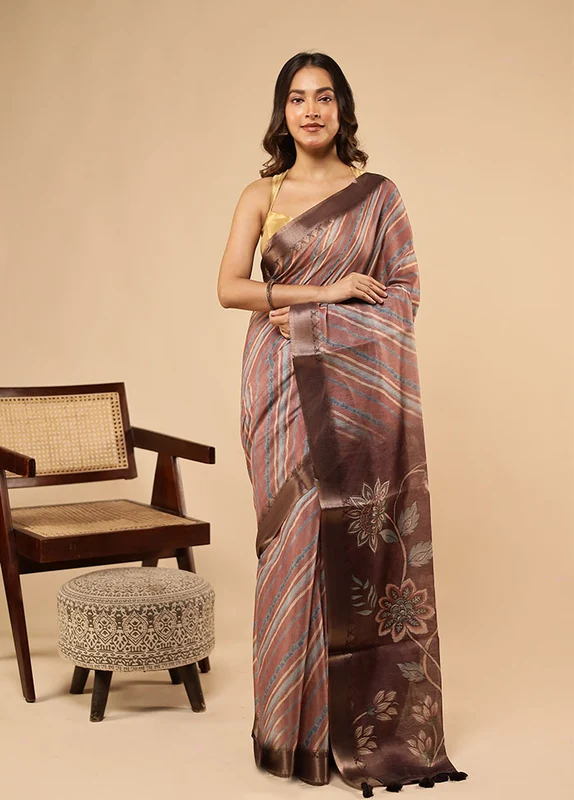 Purple Printed Silk Saree Without Blouse Piece One Size
