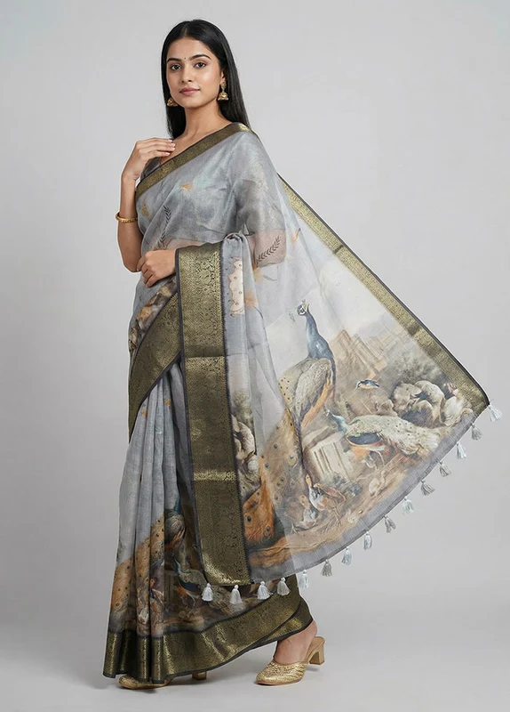 Grey Dupion Silk Saree With Blouse Piece One Size