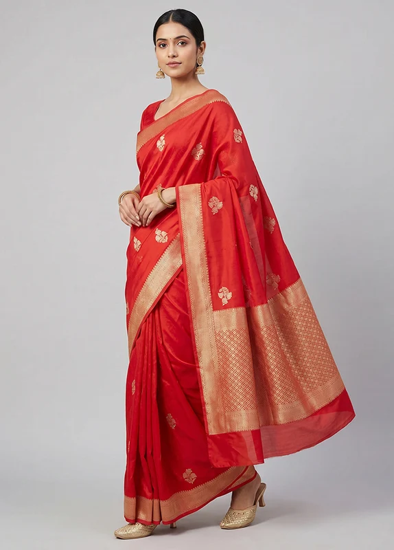 Red Handloom Dupion Pure Silk Saree With Blouse Piece One Size