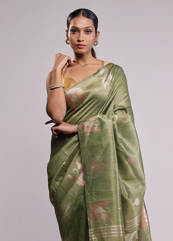Green Cotton Saree With Blouse Piece One Size