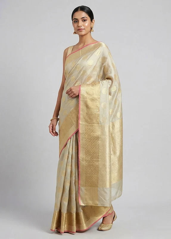 Grey Kora Silk Saree With Blouse Piece One Size