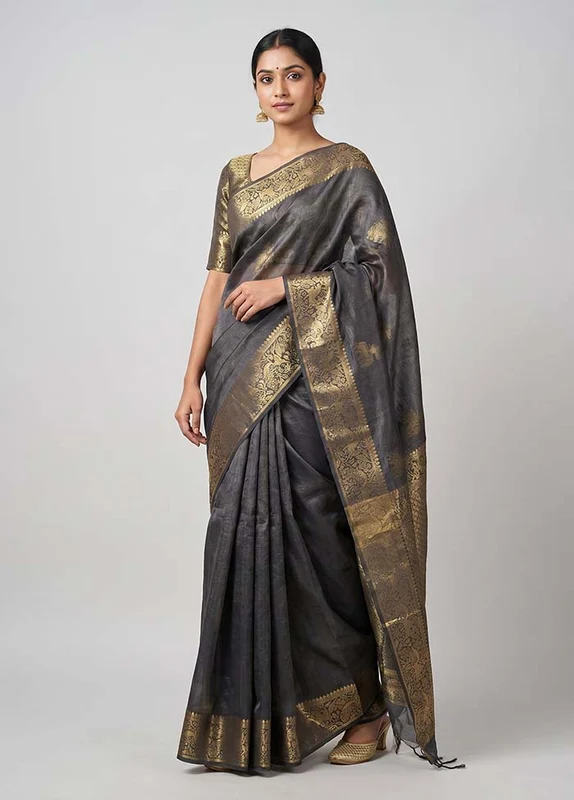 Grey Tussar Silk Saree With Blouse Piece One Size