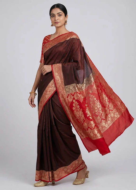 Maroon Banarasi Silk Saree With Blouse Piece One Size