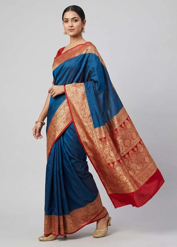 Blue Banarasi Silk Saree With Blouse Piece One Size