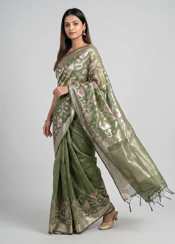 Green Organza Saree With Blouse Piece One Size