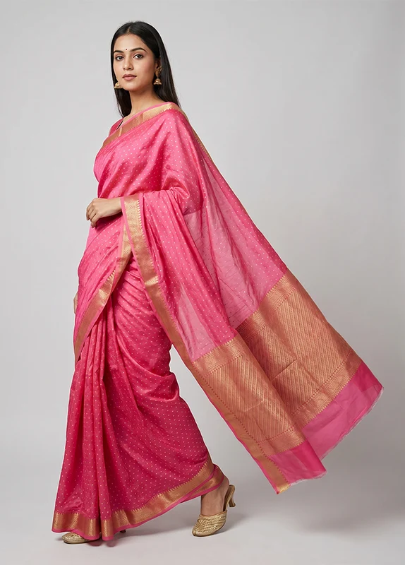 Pink Kanjivaram Silk Saree With Blouse Piece One Size