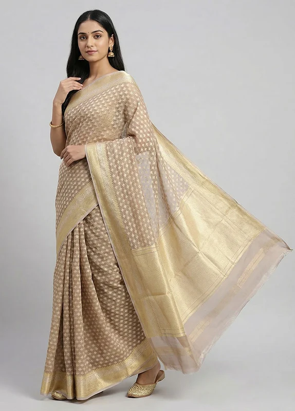 Cream Kora Silk Saree With Blouse Piece One Size