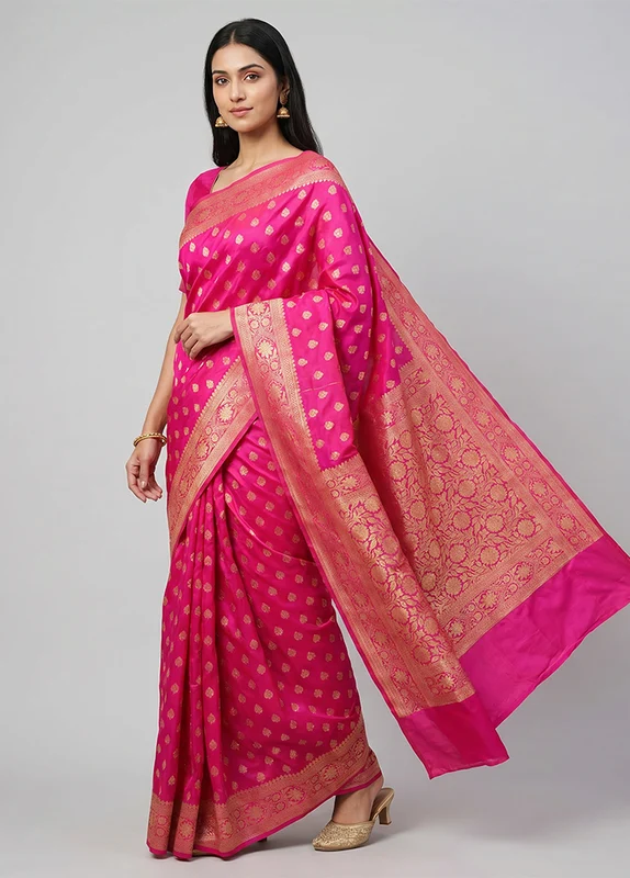 Pink Dupion Silk Saree With Blouse Piece One Size