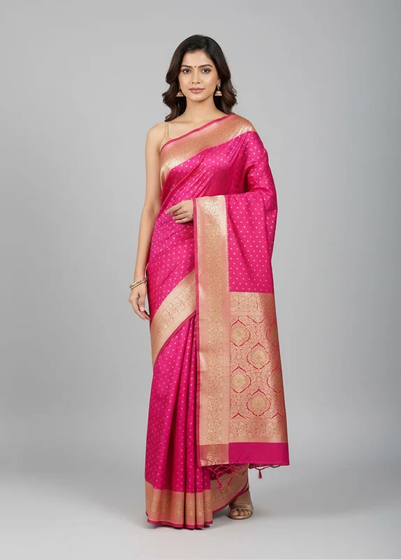 Pink Banarasi Silk Saree With Blouse Piece One Size