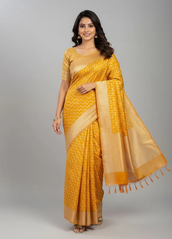 Orange Kora Silk Saree With Blouse Piece One Size