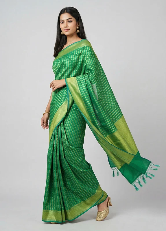 Green Kora Silk Saree With Blouse Piece One Size