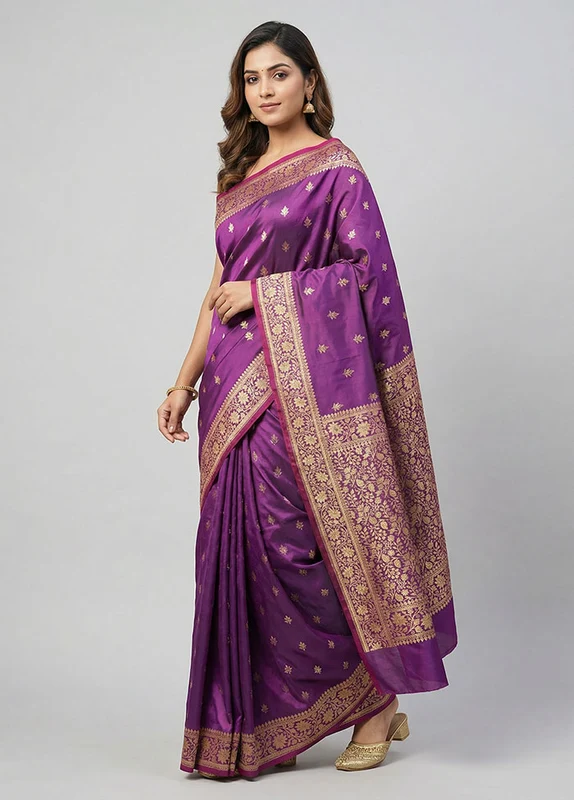 Purple Banarasi Silk Saree With Blouse Piece One Size