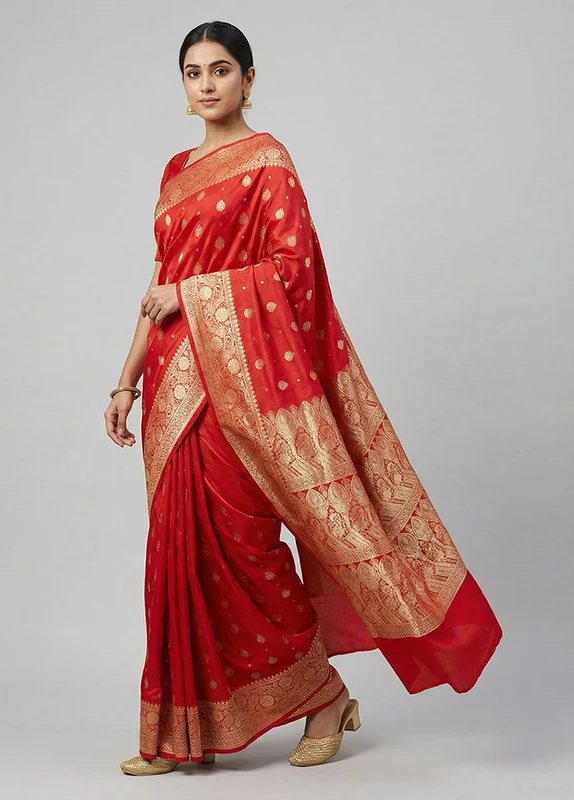 Red Banarasi Silk Saree With Blouse Piece One Size