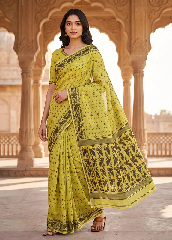 Green Jamdani Cotton Saree Without Blouse Piece One Size