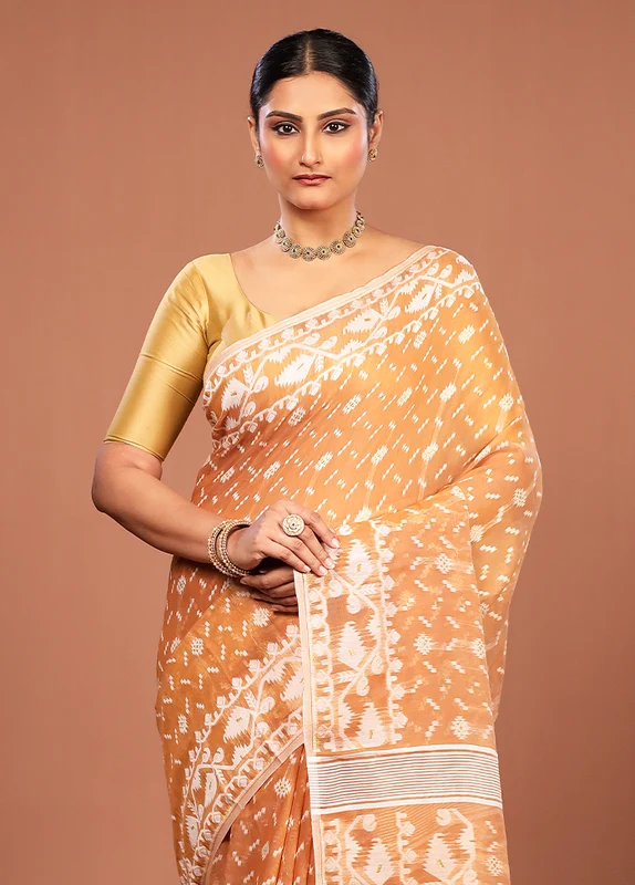 Maroon Jamdani Cotton Saree Without Blouse Piece One Size