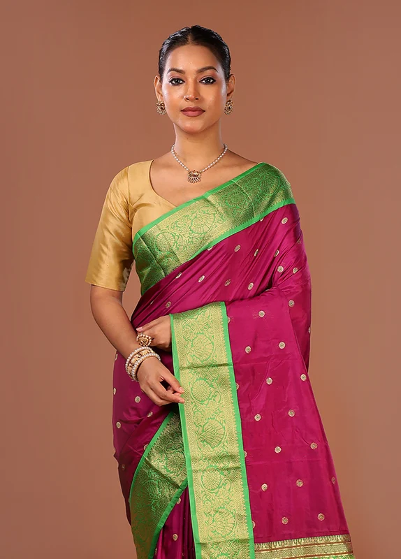 Purple Handloom Kanjivaram Pure Silk Saree With Blouse Piece One Size