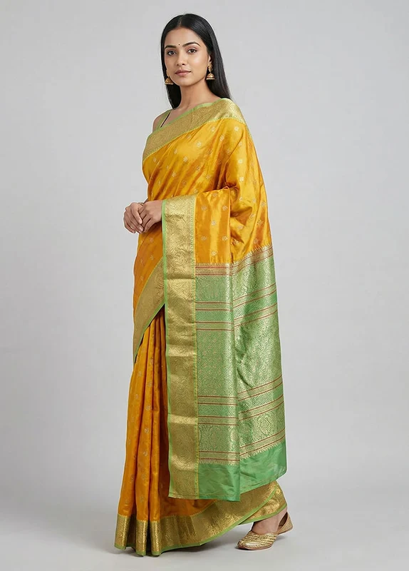 Orange Handloom Kanjivaram Pure Silk Saree With Blouse Piece One Size