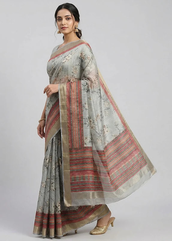 Cream Tussar Silk Saree With Blouse Piece One Size