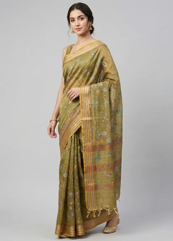 Green Tussar Silk Saree With Blouse Piece One Size