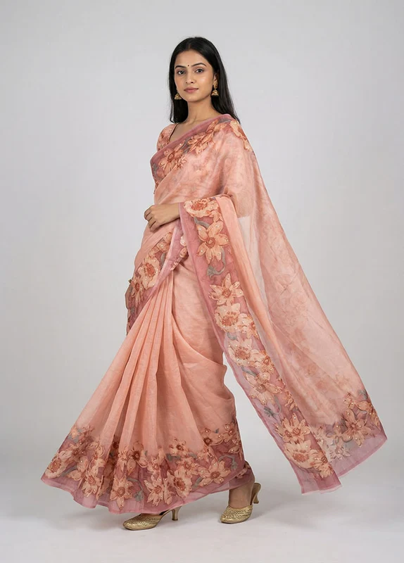 Pink Tussar Silk Saree With Blouse Piece One Size
