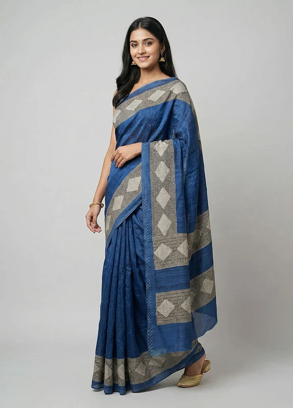 Blue Tussar Silk Saree With Blouse Piece One Size