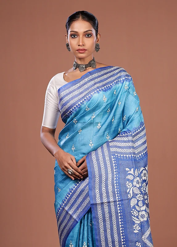 Blue Handloom Kantha Stitch Pure Silk Saree With Blouse Piece One Size