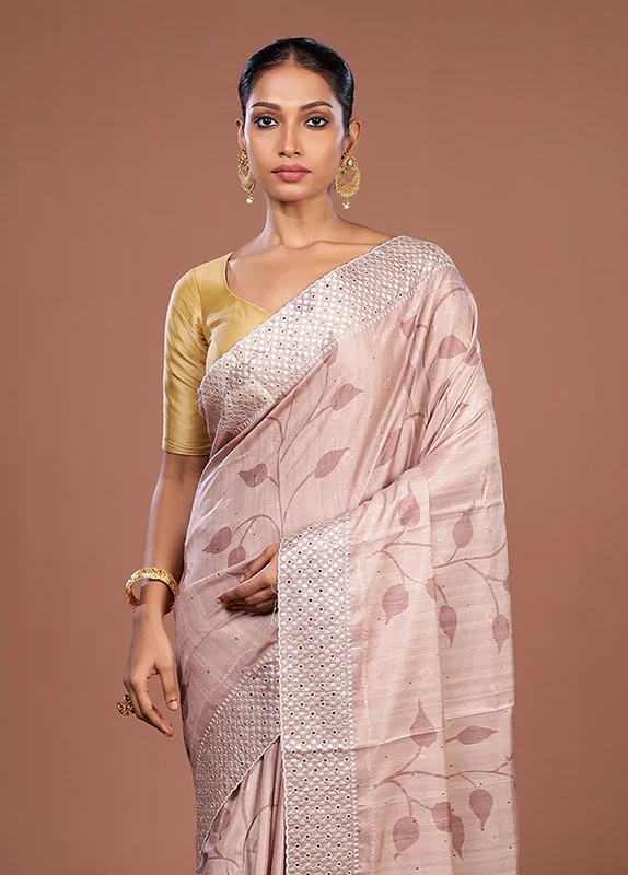 Pink Tussar Silk Saree With Blouse Piece One Size
