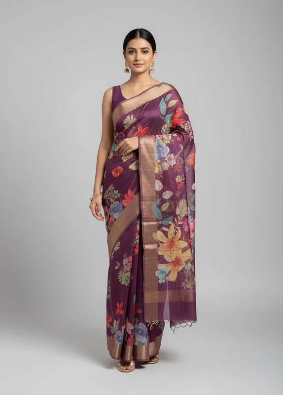Purple Tussar Silk Saree With Blouse Piece One Size