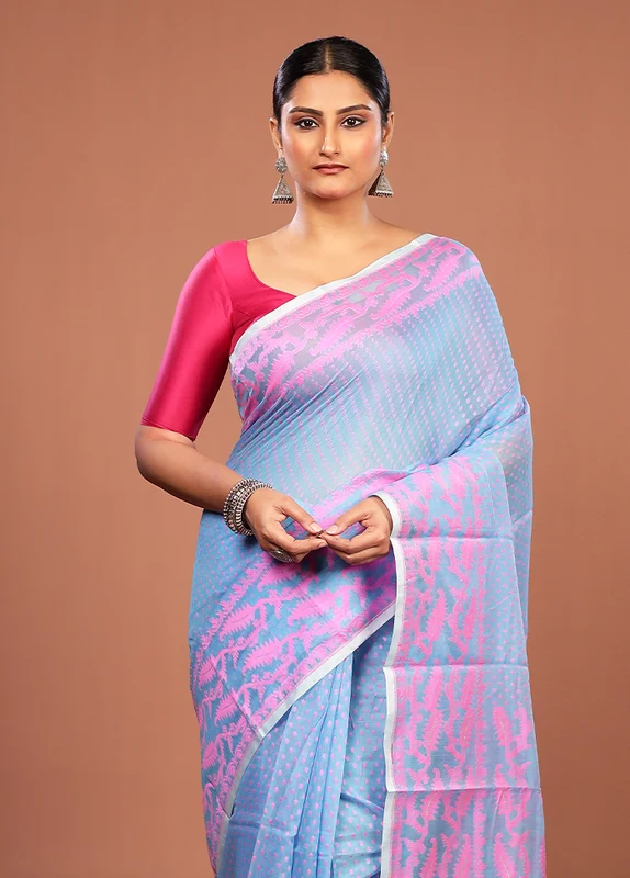 Blue Jamdani Cotton Saree Without Blouse Piece One Size