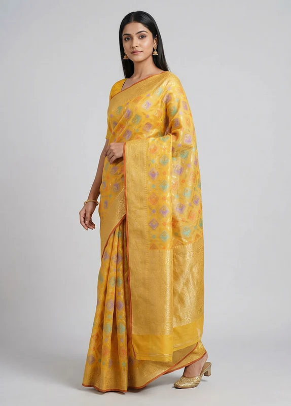 Yellow Cotton Saree With Blouse Piece One Size