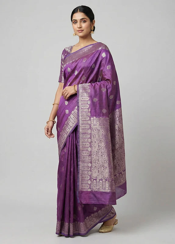 Purple Cotton Saree With Blouse Piece One Size