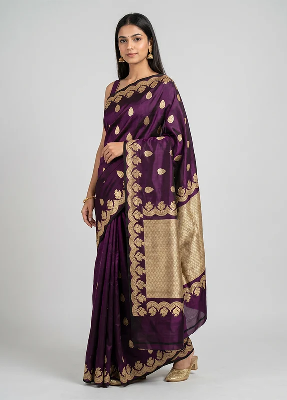 Purple Handloom Katan Pure Silk Saree With Blouse Piece One Size