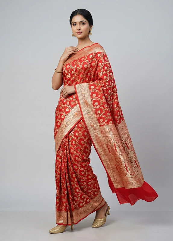 Red Handloom Banarasi Pure Silk Saree With Blouse Piece One Size