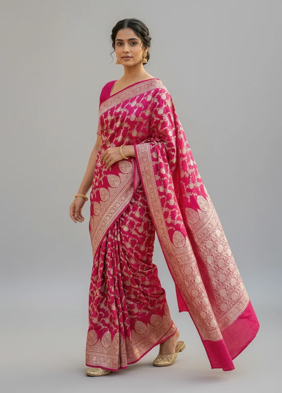 Pink Handloom Banarasi Pure Silk Saree With Blouse Piece One Size