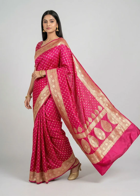 Pink Banarasi Silk Saree With Blouse Piece One Size