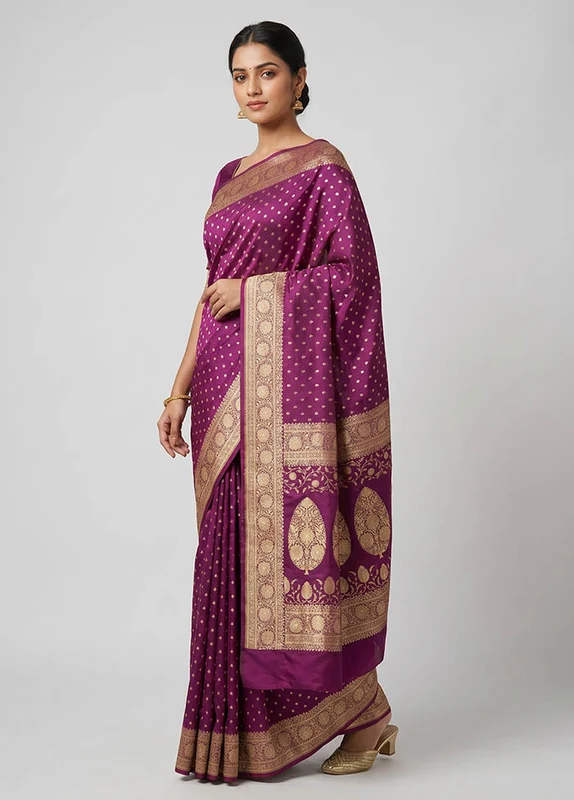 Purple Banarasi Silk Saree With Blouse Piece One Size
