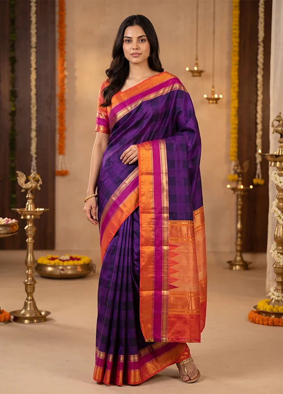 Blue Handloom Kanchipuram Pure Silk Saree With Blouse Piece One Size