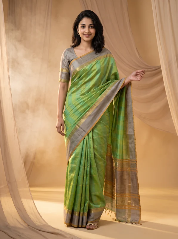 Green Handloom Kanchipuram Pure Silk Saree With Blouse Piece One Size