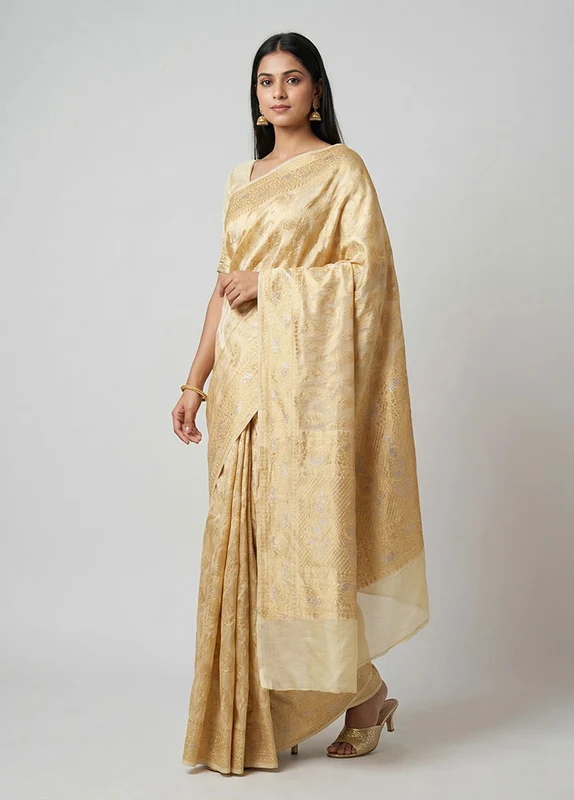 Cream Handloom Pure Georgette Saree With Blouse Piece One Size