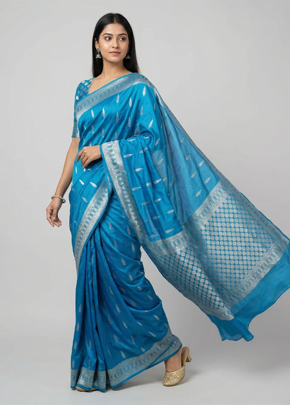 Blue Dupion Silk Saree With Blouse Piece One Size