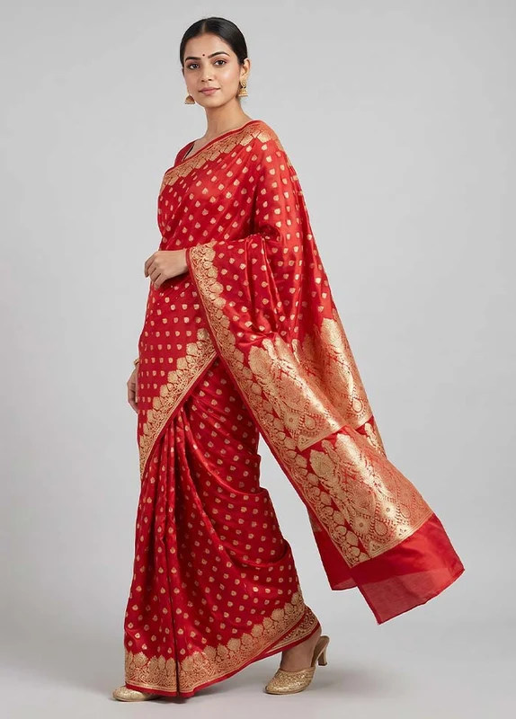 Red Handloom Banarasi Pure Silk Saree With Blouse Piece One Size