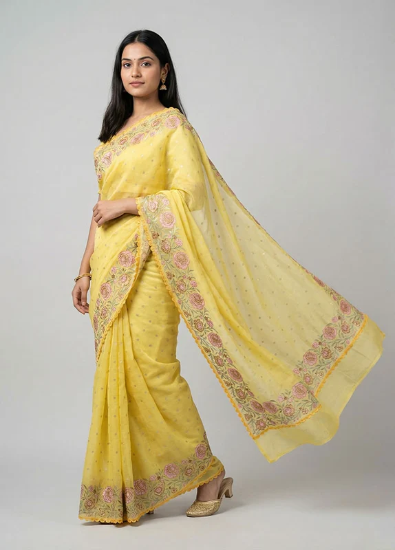 Yellow Pure Cotton Saree With Blouse Piece One Size