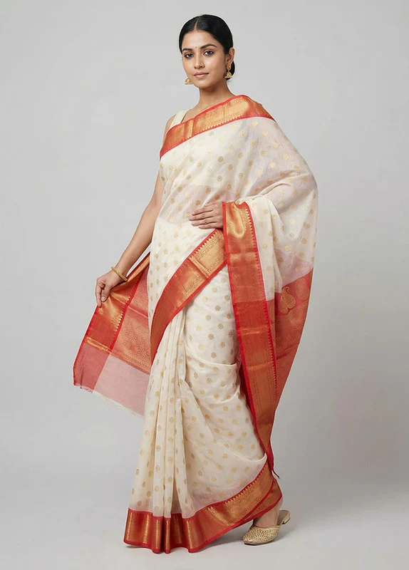 White Kora Silk Saree With Blouse Piece One Size